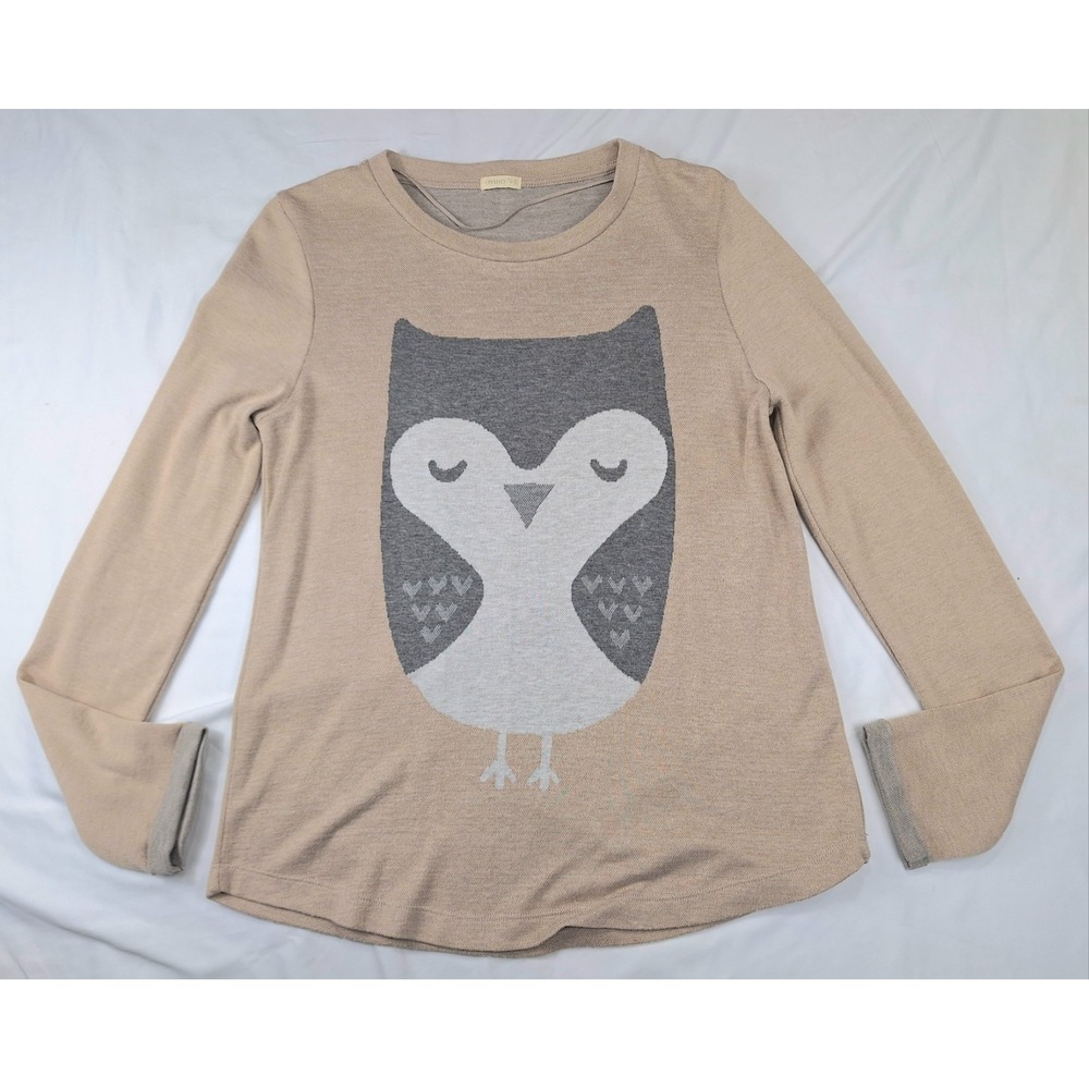Oysho Tan Owl Graphic Knit‎ Long Sleeve Sweater Top Womens Small Viscose Blend